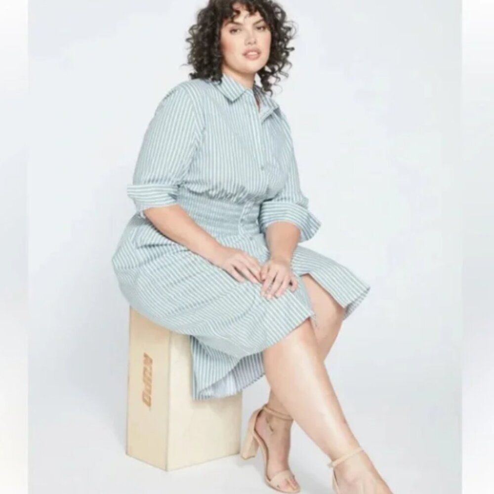 Universal Standard Hamptons Smocked Shirtdress Green Stripes Small 14/16 - Picture 2 of 8